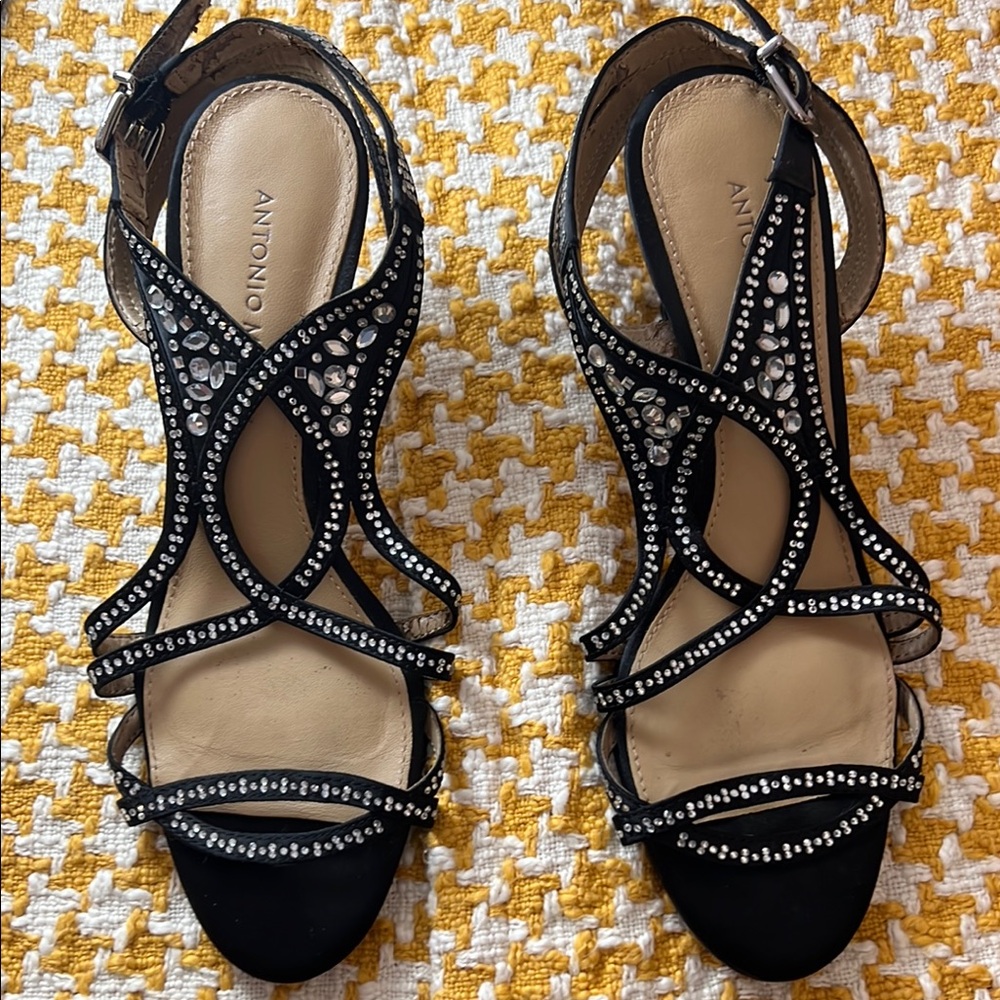 ANTONIO MELANI Black Rhinestone Strappy Sandals